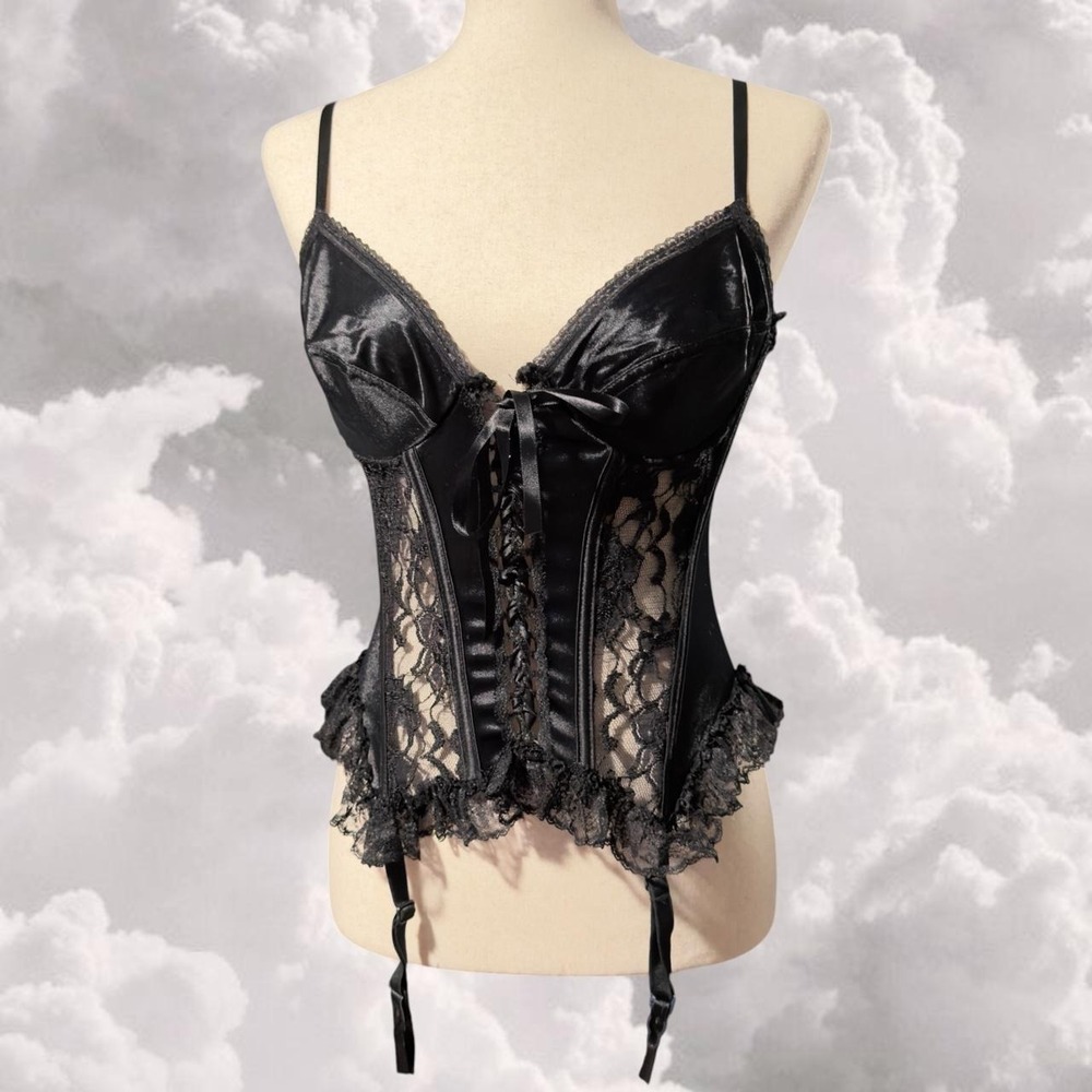 Vintage whimsy Gothic Black satin and lace corset with garter attachment